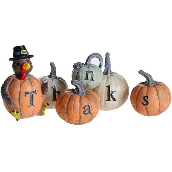 Set of 6 Hand-Painted Turkey Pumpkin with Engraved Thanksgiving Decoration - Picture 3 of 6